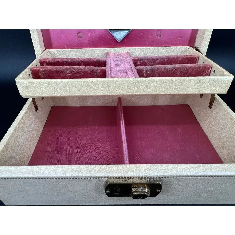Vintage 1950s Bond St Jewel Case Jewelry Box Pink Velvet Mirror Key MCM